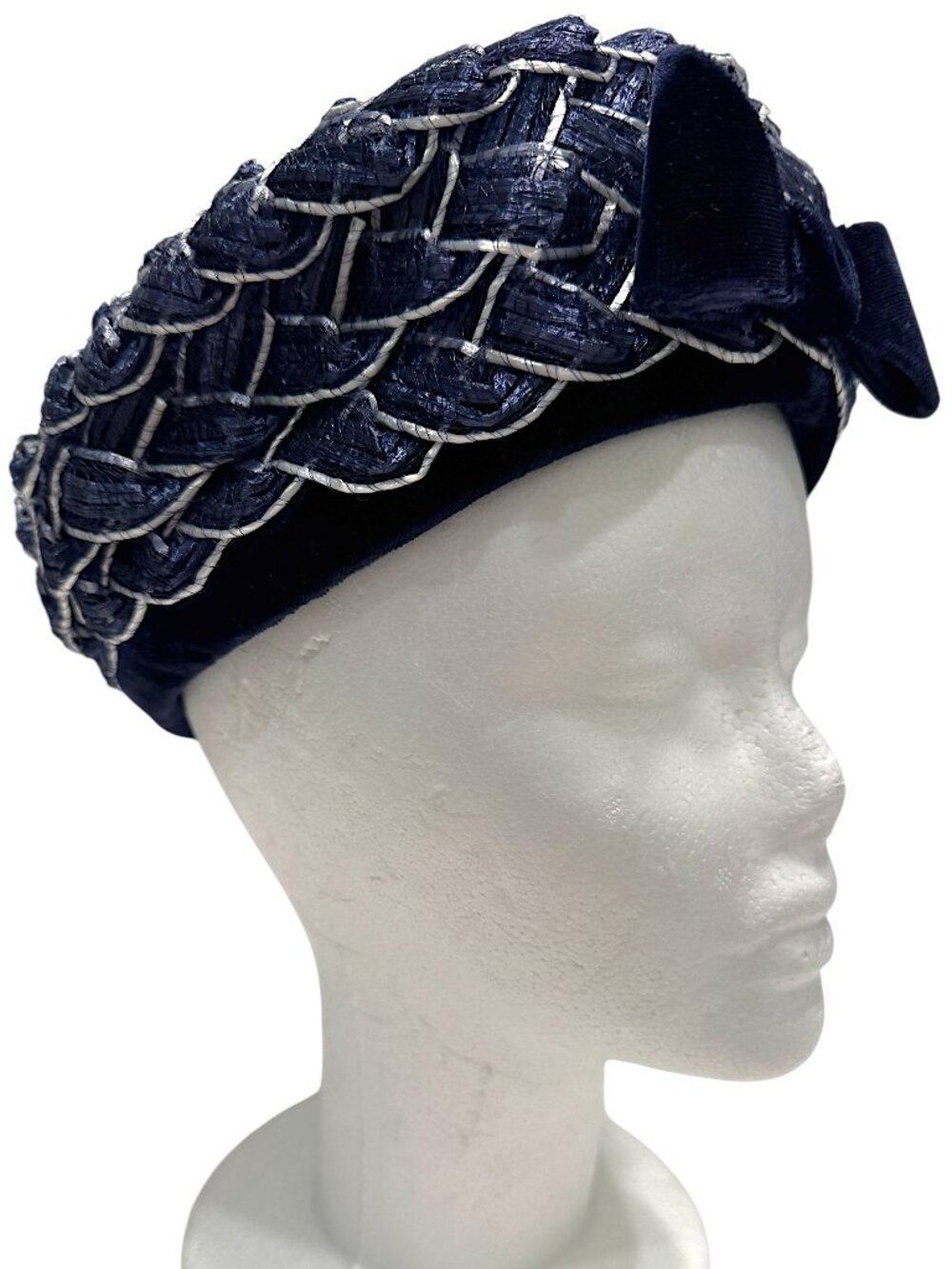 Vintage 1960s Pillbox Hat Weaved Navy Blue Straw with big Velvet Bow Accent